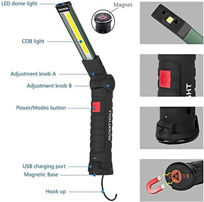 USB Rechargeable Camping LED Flashlight Work Light Magnet and Hook Waterproof Lighting Mode Suitable for Night Work