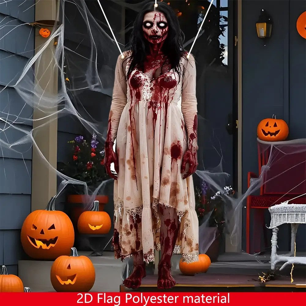 Large Halloween zombie woman Bloody Door banner - Horror party decoration, durable polyester fabric, haunted house, porch, home