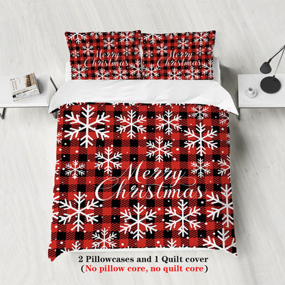 3-piece Christmas themed red checkered Christmas Happy English pattern print (1 duvet cover+2 pillowcases, no core) bedding set