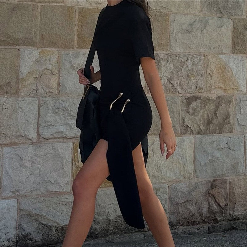 Mozision Short Sleeve Draped Sexy Mini Dress For Women Black Metal Buckle O Neck