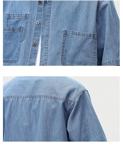 2025 Summer New Men's Casual Loose Shirt Polo Neck Short Sleeve Single Breasted Shirts Men's Vintage Solid Cargo Jeans  Tops