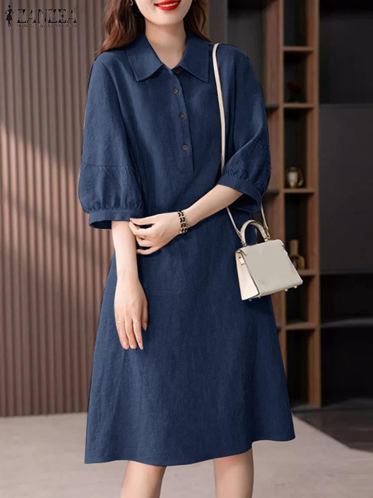 ZANZEA Women Cotton Shirt Dress 2024 Summer Lapel Neck Dresses Korean Office 3/4