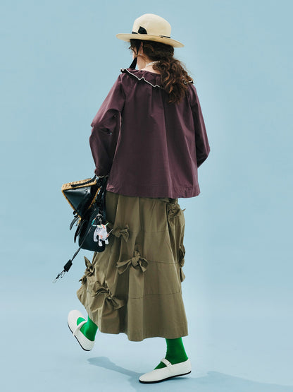 imakokoni 2025 Early Autumn Artistic Washed Braided Bow Half-Dress Casual Retro Women's A-Line Skirt255188