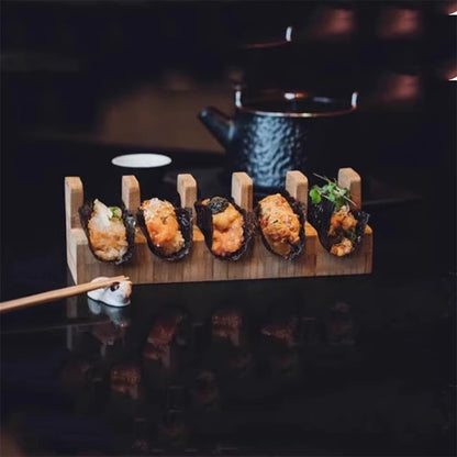 1Pc Japanese Sushi Rack Wooden Taco Snack Food Holder Wood Plate Cuisine Stand Sashimi Sushi Boat For Restaurant Hotel Home