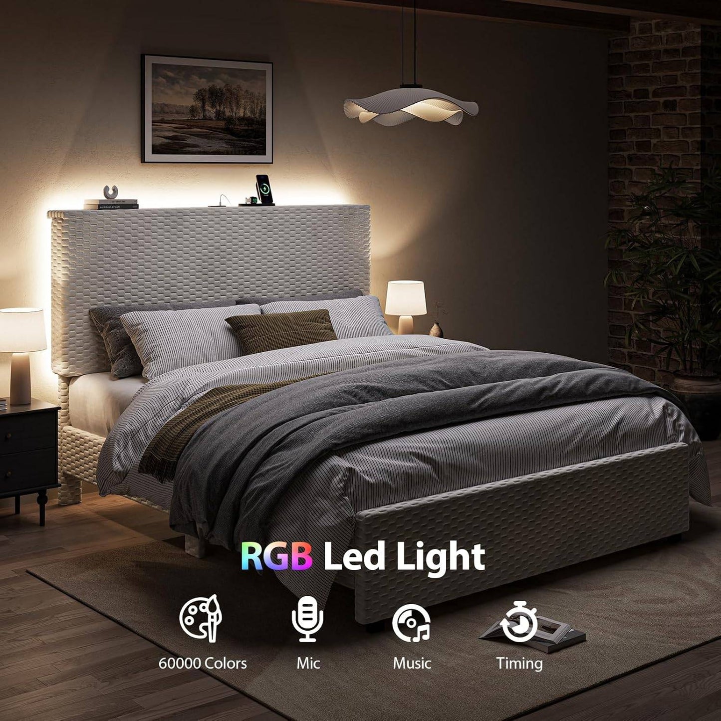 Estrutura de Cama Queen Size com Cabeceira de Armazenamento, Estrutura de Cama Plataforma Estofada com Luzes LED e Estação de Carregamento, Reforçada