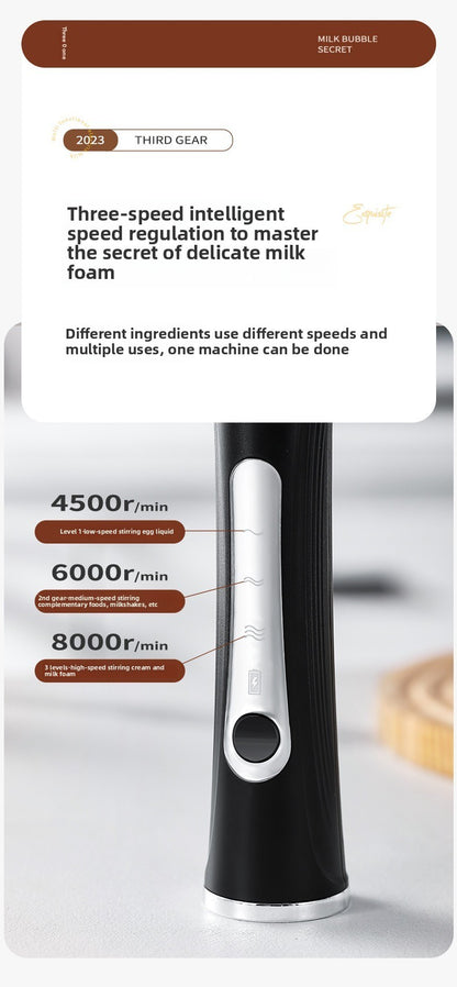 Batedor de ovos elétrico, máquina de café, espumador de bebidas portátil recarregável, batedeira de geleia e creme portátil de 3 velocidades, liquidificador de cozinha