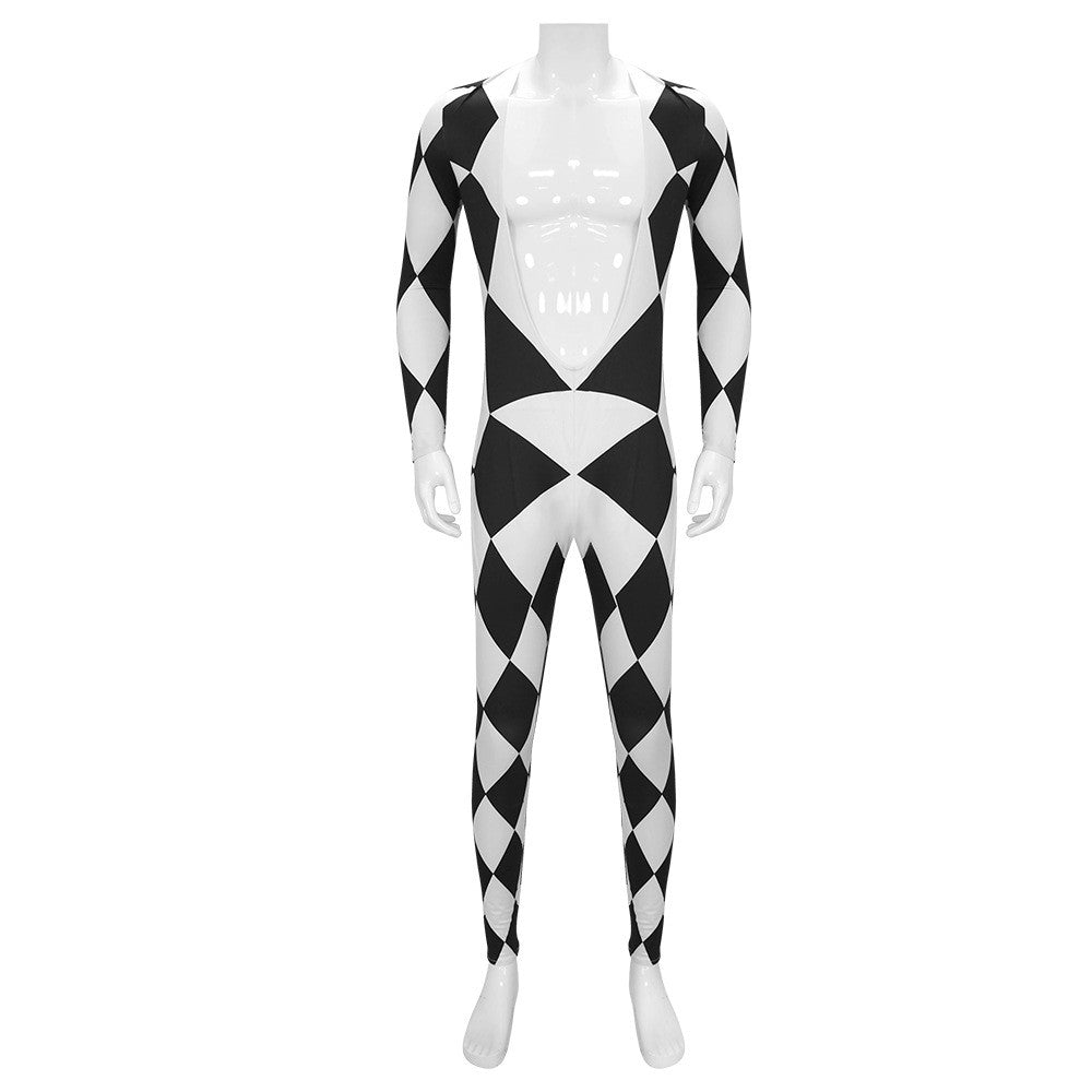Freddie Mercury - Queen Harlequin Cosplay Costume Unitard Black and White Diamond Bodysuit with attached feet for Men
