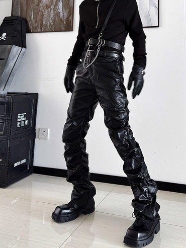 Mauroicardi Spring Autumn Cool Long Ruched Soft Black Pu Leather Stacked Pants for Men Luxury Designer Cyberpunk Rock Clothes