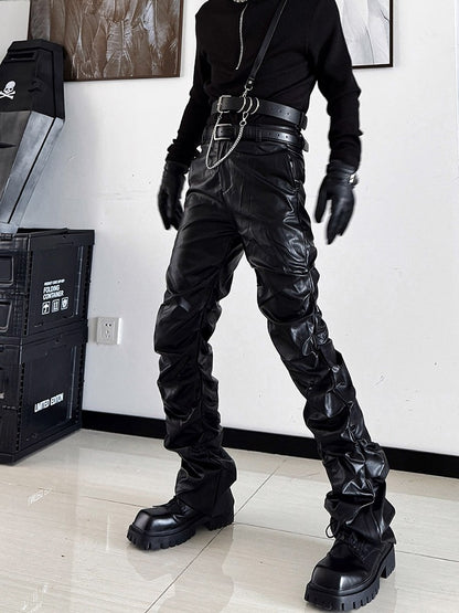 Mauroicardi Spring Autumn Cool Long Ruched Soft Black Pu Leather Stacked Pants for Men Luxury Designer Cyberpunk Rock Clothes