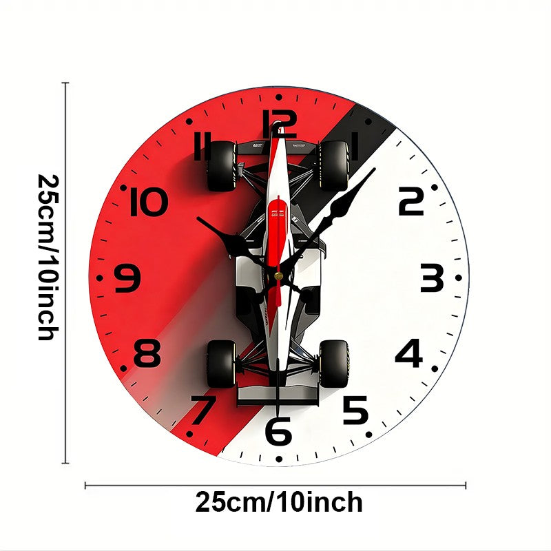 F1 Car Design Wooden Round Silent Hanging Wall Clock, Suitable For Living Room, Office, Study Room, Bedroom, Home Decoration
