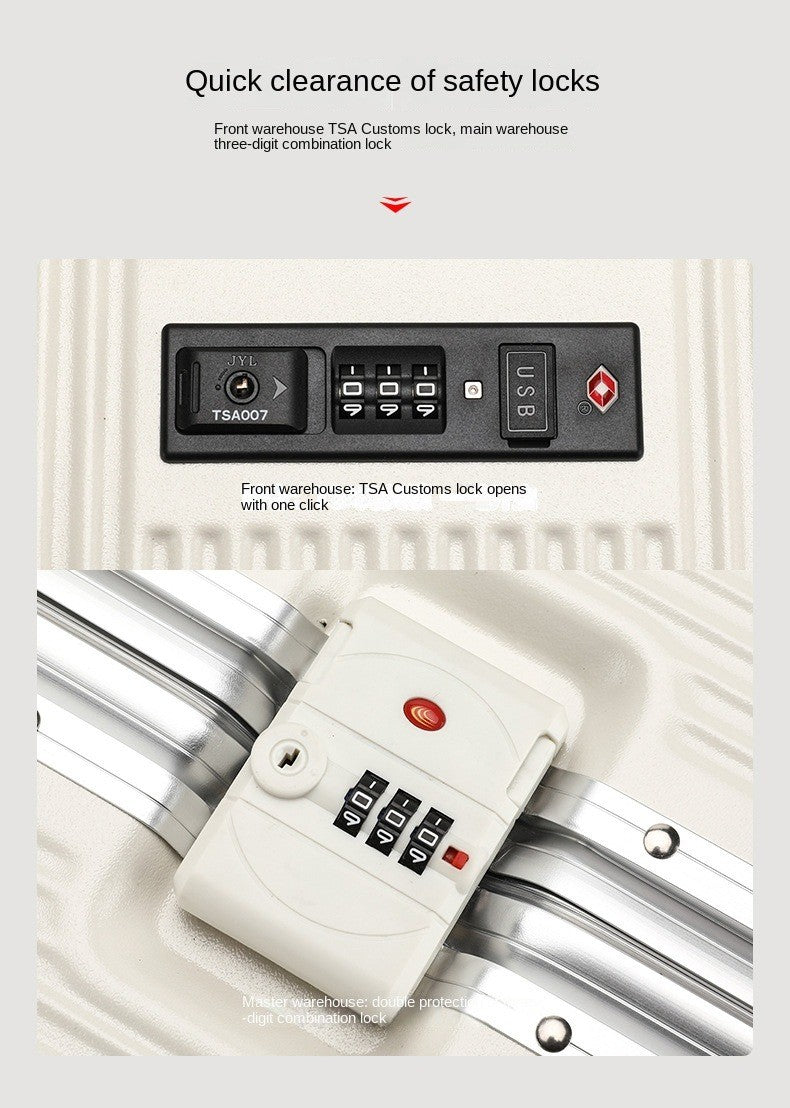 Suitcase Front Opening Pocket Aluminum Alloy Frame Rolling Luggage with USB Charging Plug Trolley Carry-on Case Bag with Wheel