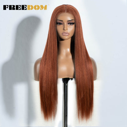 FREEDOM Synthetic Lace Front Wigs For Women Ombre Brown Highlight Long Straight Lace Wig Heat Resistant Cosplay Wigs