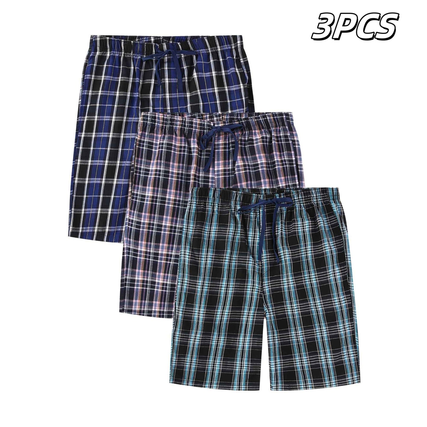 3pcs Mens Pajama Pants Woven 100% Cotton Classic Plaid Shorts Sleepwear Casual  Comfortable with Button and Drawstring Pockets
