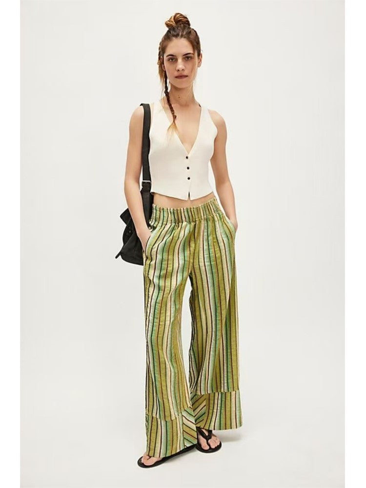 Fashion Printed Striped Wide-leg Long Pants Women's New Spring Autumn Loose Casual High-waisted Slimming Beach Long Pants Female