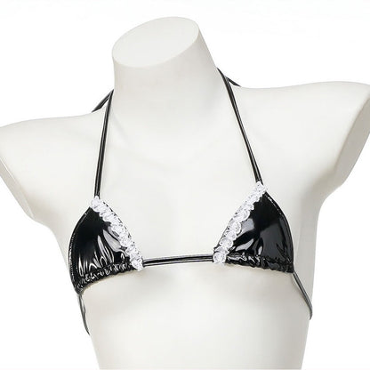 Cute lolita Bikini Sets Black Maid Bathing Suits Leather Bra With Lace Underwear Low Waist Swimsuit