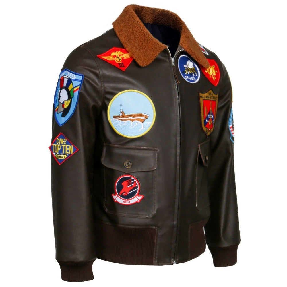 Aviator Pilot PU Leather Jacket Top Gun Men's Maverick Brown Winter Jacket Air Force Collar Coat Halloween Cosplay Outfits