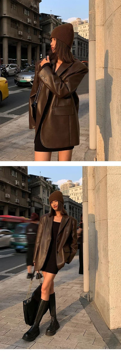 2025Brown /black soft PU leather  women jacket motorcycle long sleeve single breasted casual coat top for autumn high Streetwear