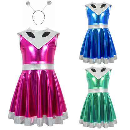 Cyber Alien Laser Reflective Alien Cosplay Dress, Adult and Children's Party Outfit, Including Tentacle Headpiece