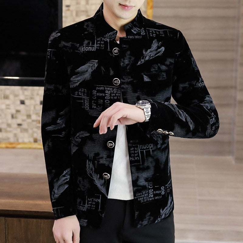 Luxury Retro Velvet Suit Jacket for Men Fashion Slim Fit Stand Collar Blazer Masculino Casual Business Wedding Dress Coat