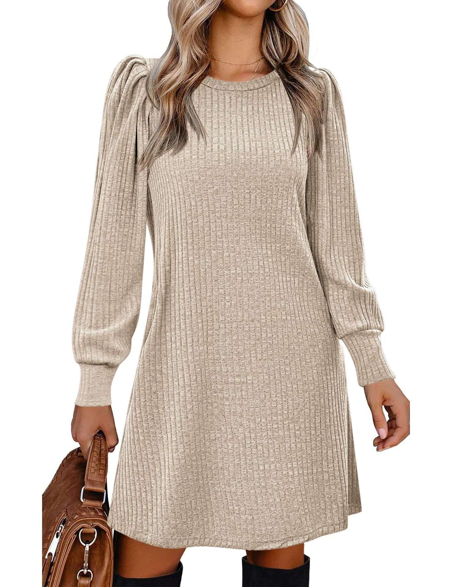 Y2K autumn and winter women's crew neck solid color sweater bubble sleeve fashion commuter dress comfortable casual loose dress