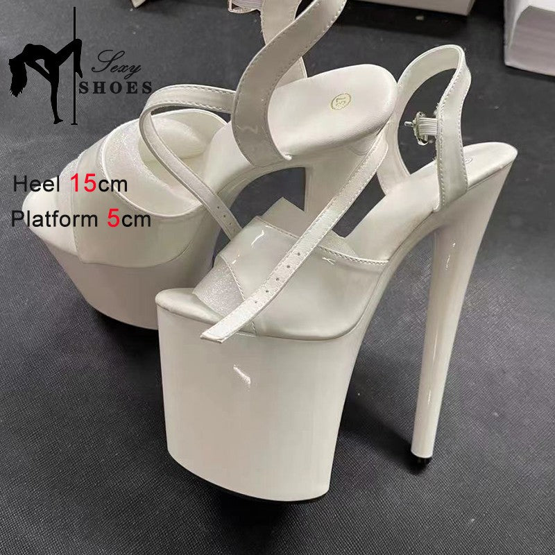 20CM 17 15cm Super High Heeled Nightclub Thin Heels Women's Platform Sandals Ankle Buckle Fashion Pole Dancing Shoes Plus Size
