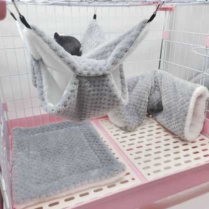 Rede de estimação quente de inverno, rede de hamster de pelúcia espessa de camada dupla, chinchila, porquinho da índia, furão, saco de dormir, gaiola suspensa de hamster