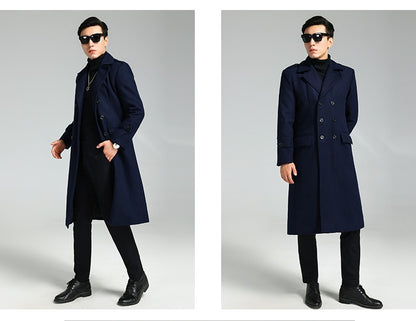 Nerazzurri Autumn Winter Long Elegant Luxury Chic Navy Blue Warm Woolen Coat for Men Double Breasted Wool & blends Overcoat 2023