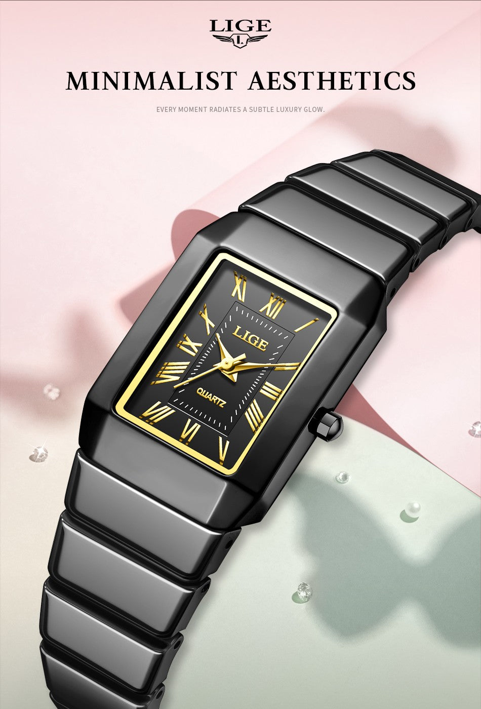 LIGE New Black Watch Women Fashion Creative Square Stainless Steel Ladies Waterproof Watches Elegant Bracelet Quartz Wristwatch