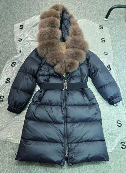 Janveny New Natural Thick Warm 90% White Duck Down Coat Long Winter Jacket Women Real Big Fox Fur Collar Belt Loose Puffer Parka