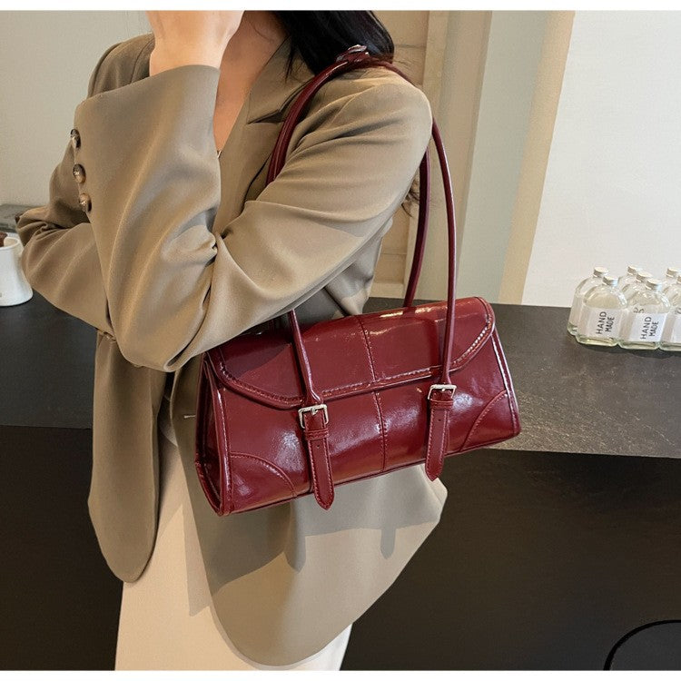 High End Burgundy Oil Wax Leather Underarm Bag Elegant Women's Magnetic Buckle Shoulder Bag Commuter Versatile Ladies Tote Bags