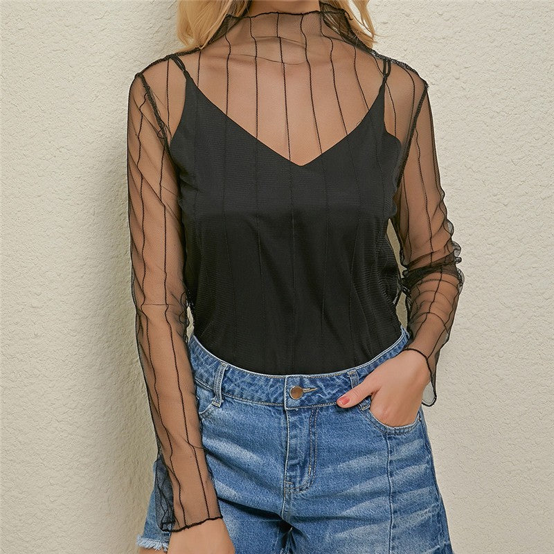 Women's Sexy Mesh Sheer Lace Blouses Perspective Long Sleeve Stand Collar Mesh Tops Striped Polka Dot Stars Party Tee Blouses