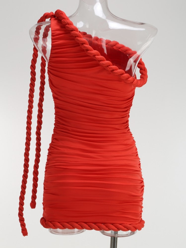 New Sexy One Shoulder Patchwork Twist Knot Draped Mini Dress Women Diagonal Collar Ruched Bodycon Dresses Evening Party Cocktail