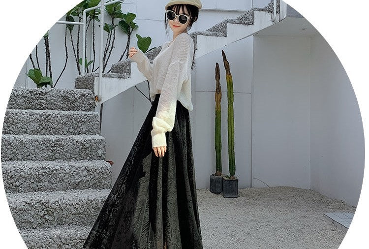 Plus Size plus Size Lace Hollow out f Skirt mid Waist Long Sle Fairy Skirt A-Line Umbrella Skirt Trendy Women's Clothing