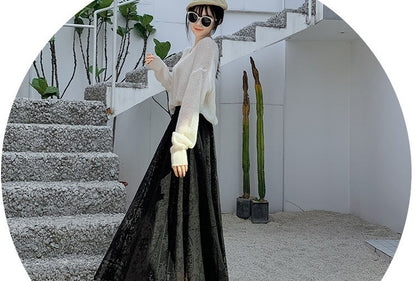 Plus Size plus Size Lace Hollow out f Skirt mid Waist Long Sle Fairy Skirt A-Line Umbrella Skirt Trendy Women's Clothing