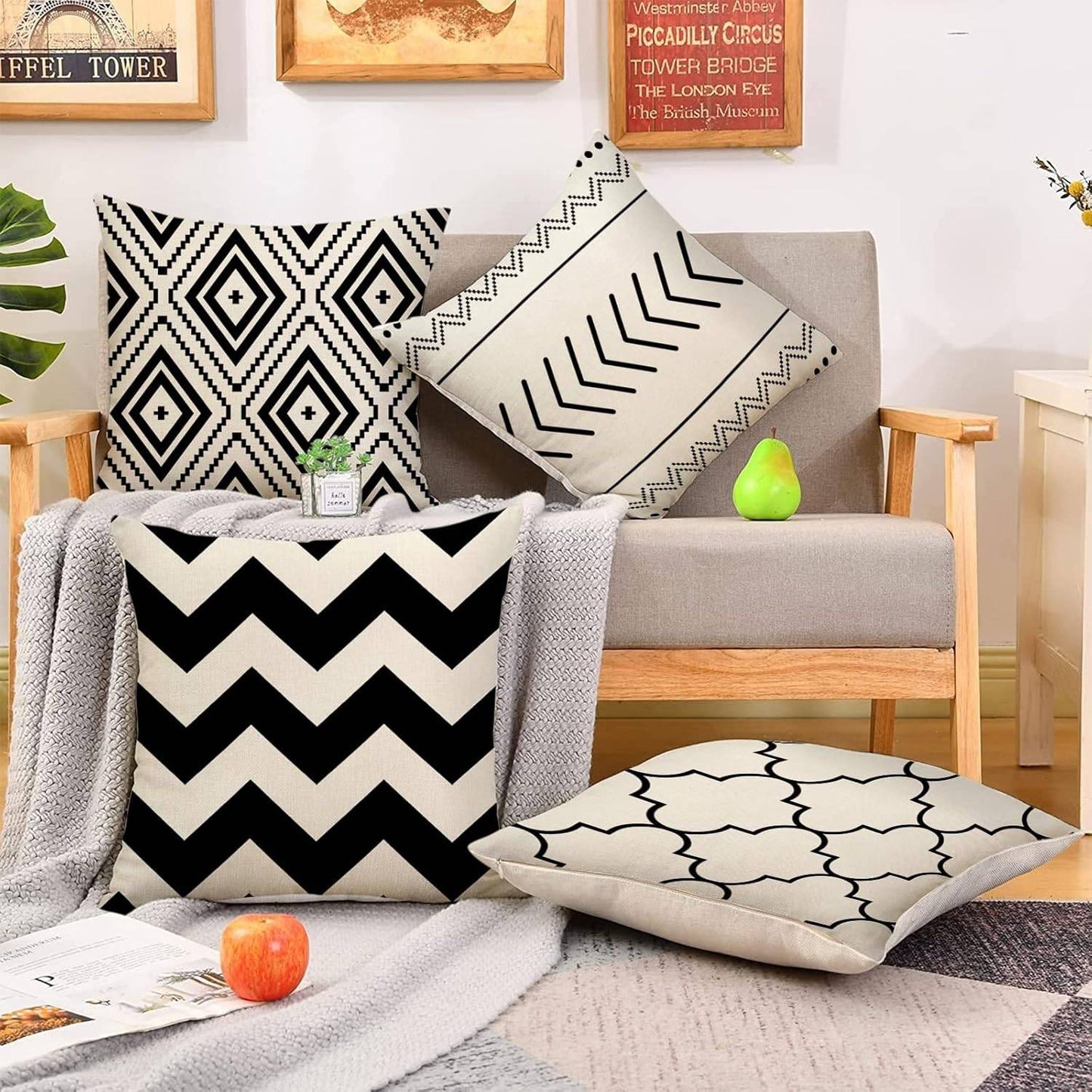 Black Beige Throw Pillows Covers Geometric Linen Wave Cushion Covers for Sofa Outdoor Patio