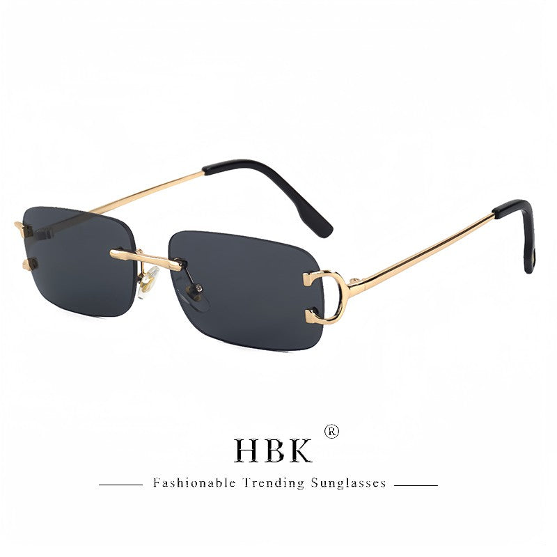 HBK Retro Rimless Sunglasses For Women Men Small Square Gold Frame Brand Design Tea Shades Rectangle UV400 Zonnebril Eyewear