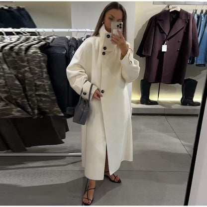 Elegant Stand Collar Long Coat Women Retro Chic Loose Single Breasted White Tweed Coats Lady 2025 Winter Casual Street Overcoats