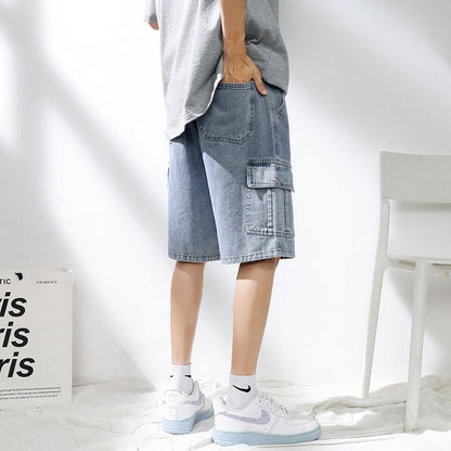 Denim shorts men's 2025 summer new light colored personalized hanging rope loose casual denim five quarter pants men's pants