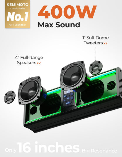UTV 16in Speaker Metal Sound Bar IP65 Waterproof Golf Cart Sound Bar ATV Speaker Bluetooth with RGB Fits 1.25 in - 2 in Roll Bar