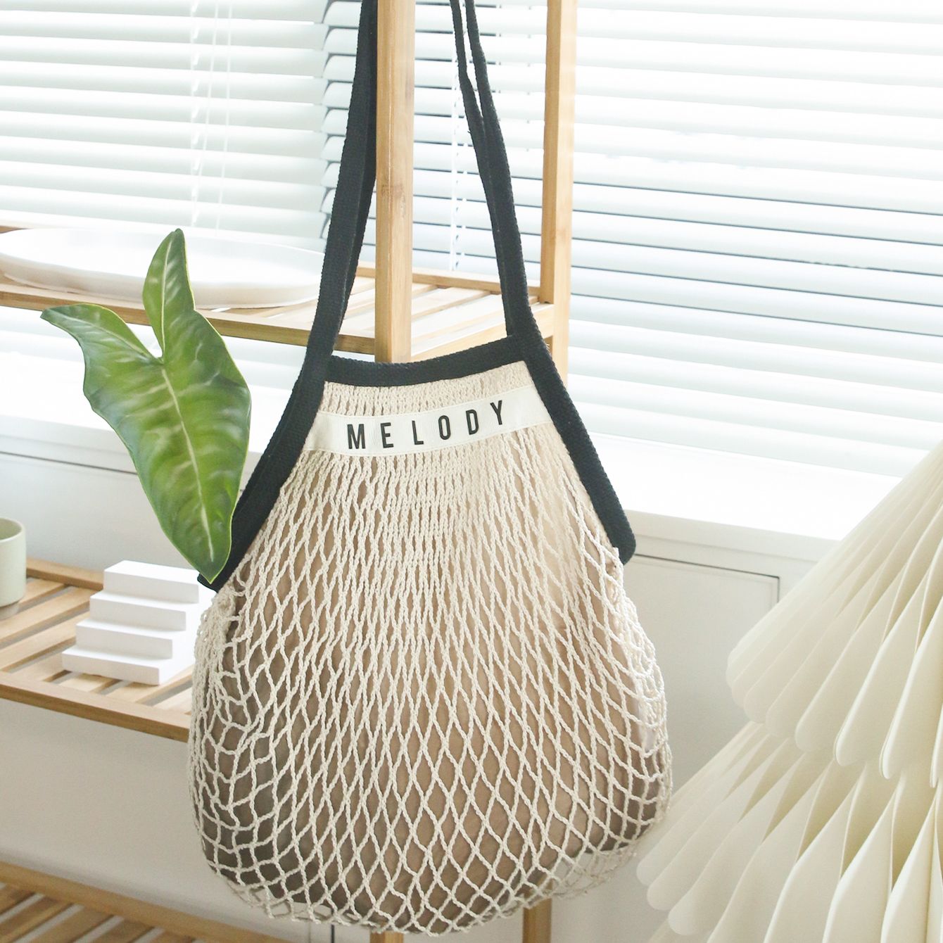1PCS Personalised Name Mesh organic Cotton Bag with Long handle Reusable Washable Beach Bag Organizer for Shopping Grocery Bag