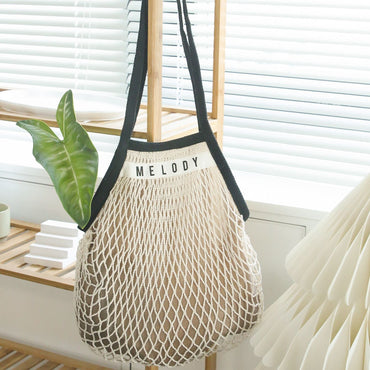 1PCS Personalised Name Mesh organic Cotton Bag with Long handle Reusable Washable Beach Bag Organizer for Shopping Grocery Bag