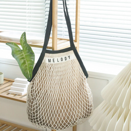 1PCS Personalised Name Mesh organic Cotton Bag with Long handle Reusable Washable Beach Bag Organizer for Shopping Grocery Bag