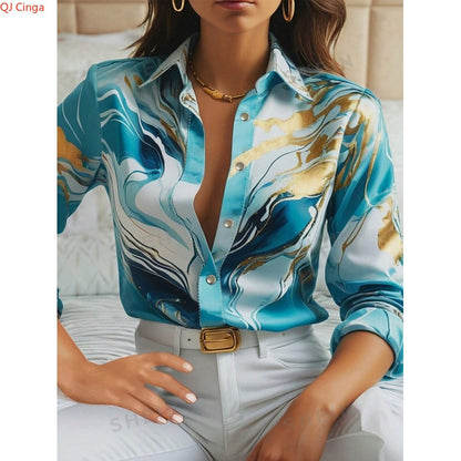 Women's Purple Long-Sleeve Shirt for Fall, Single-Button Collar Print Shirts, Fashionable Fitted Top for Girls.