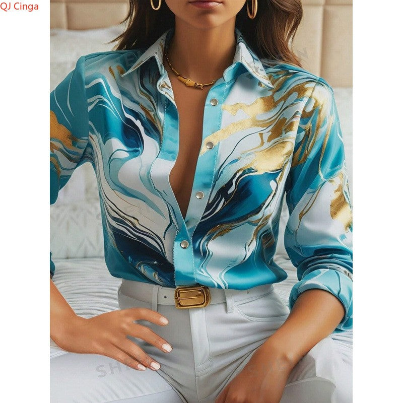 Women's Purple Long-Sleeve Shirt for Fall, Single-Button Collar Print Shirts, Fashionable Fitted Top for Girls.