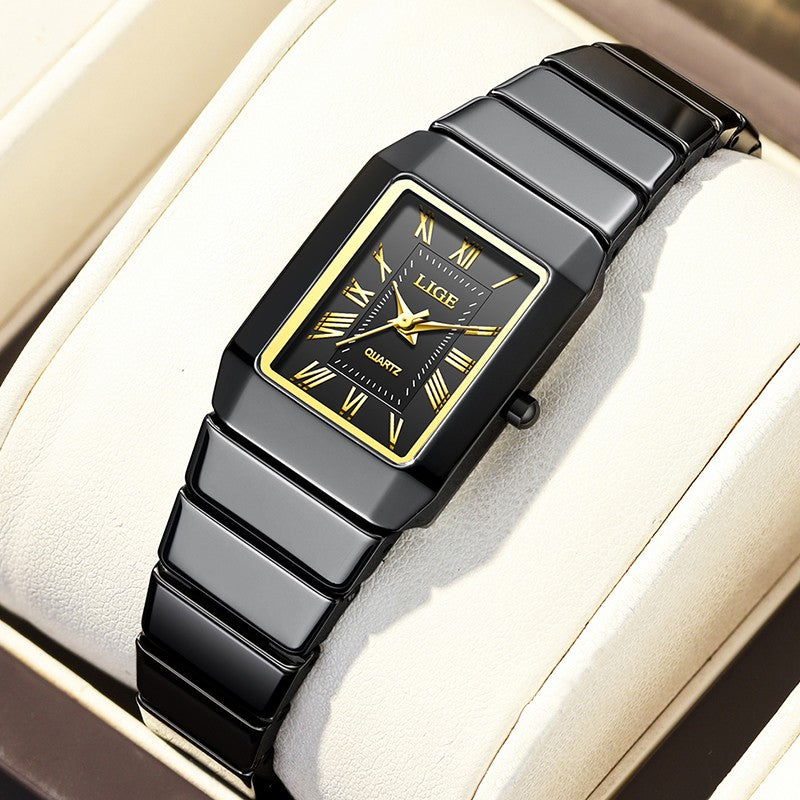 LIGE New Black Watch Women Fashion Creative Square Stainless Steel Ladies Waterproof Watches Elegant Bracelet Quartz Wristwatch