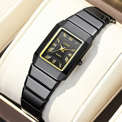 LIGE New Black Watch Women Fashion Creative Square Stainless Steel Ladies Waterproof Watches Elegant Bracelet Quartz Wristwatch