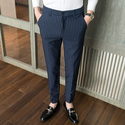 White Vertical Stripes Suit Pants Men, Blue Black Trousers, Fashion Slim Men's Pant Business Pantalones Hombre Autumn New Slacks