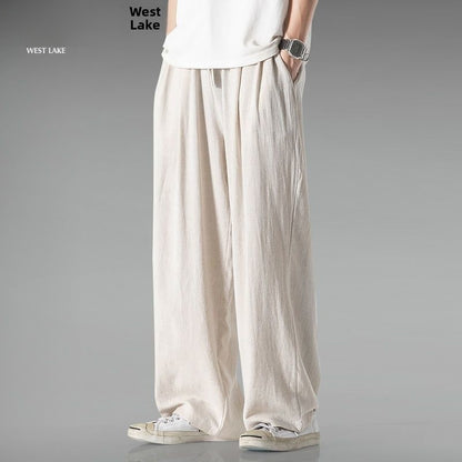 Summer Large Size Linen Cotton Wide Leg Pants Men Casual Comfortable Loose Fit Straight Leg Trousers Long Pants