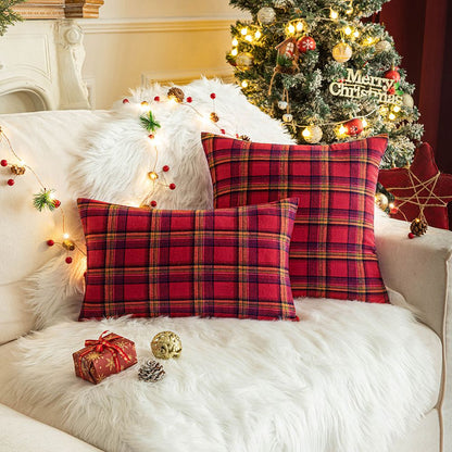 Home Christmas Decor Plaid Cushion Covers Red Checkered Polyester Cotton Xmas Ornament Snowflake Throw Pillowcase Decorative