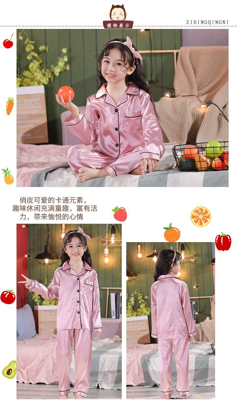 2 to 14 Years Boys Girls Pajamas Sets Kids Silk Satin Top Pant Long/Short Sleeve Solid Pyjamas Suits Nightgown Child Sleepwear